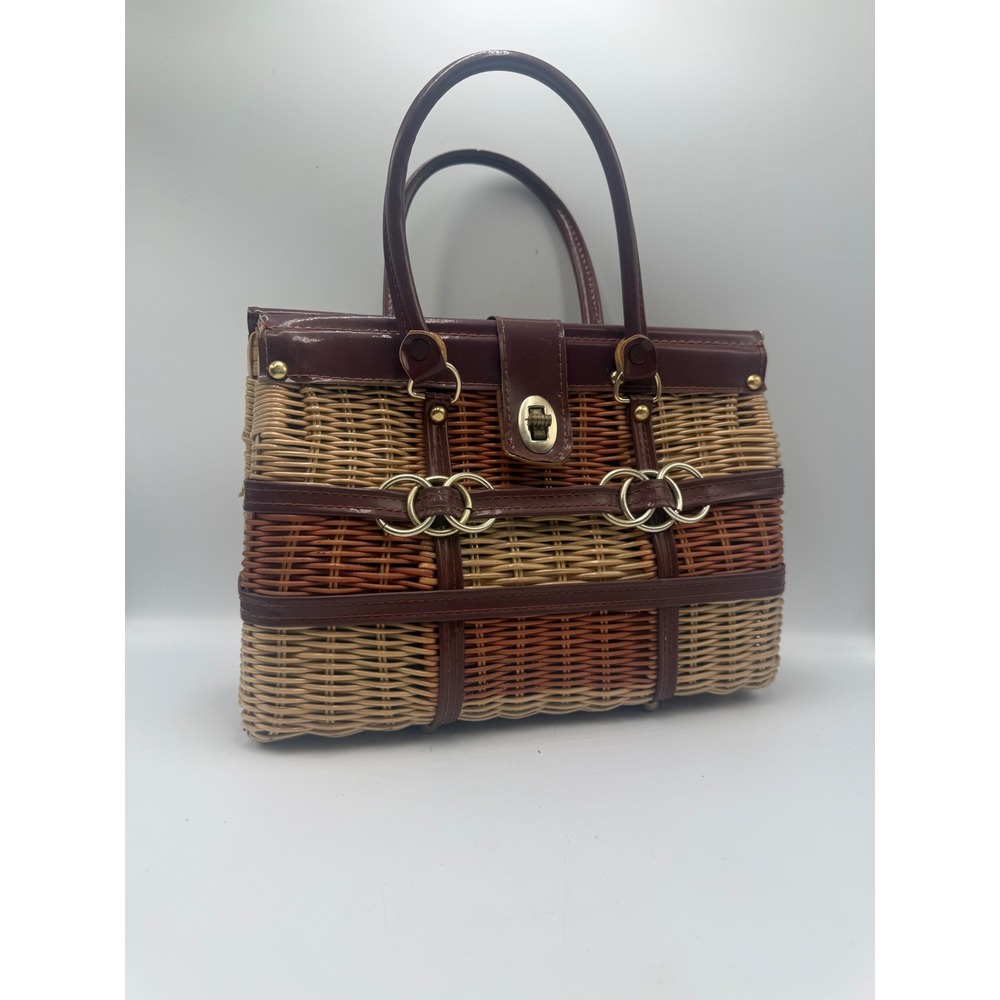 Vintage Wicker Handbag Brown Tan Woven Top Handle Bag Turn Lock Retro Style